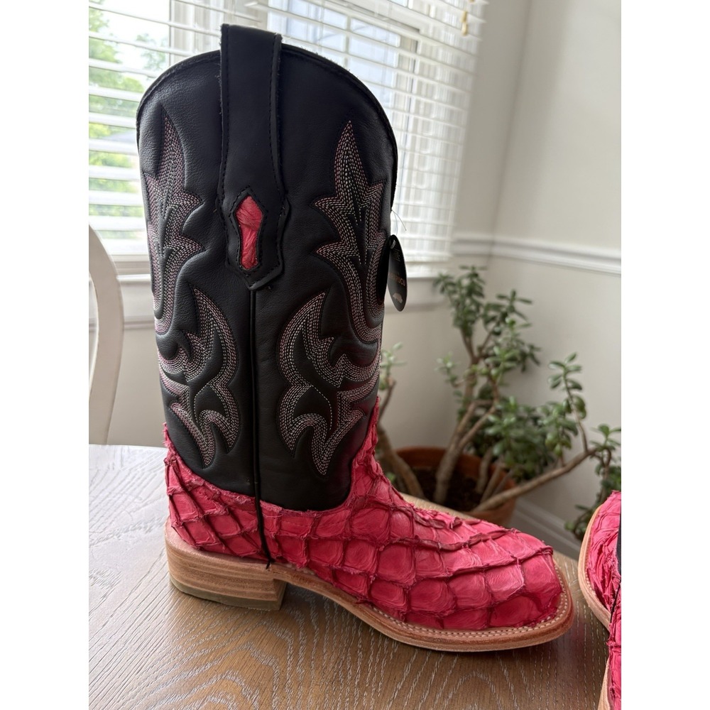 Corral Women Pink Pirarucu Fish Skin Black Leather Western Boot A4386 Square Toe - Picture 13 of 13